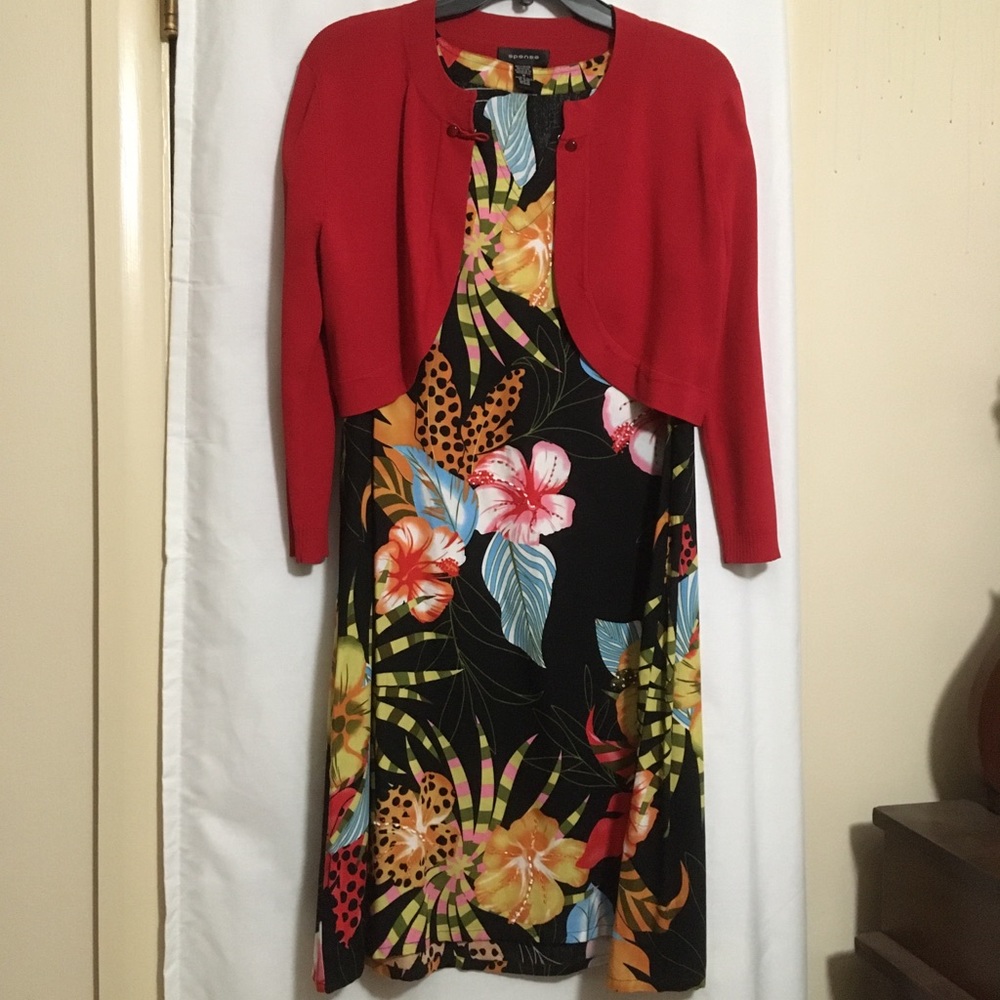 Spense tropical print dress with shrug. Sz Medium.